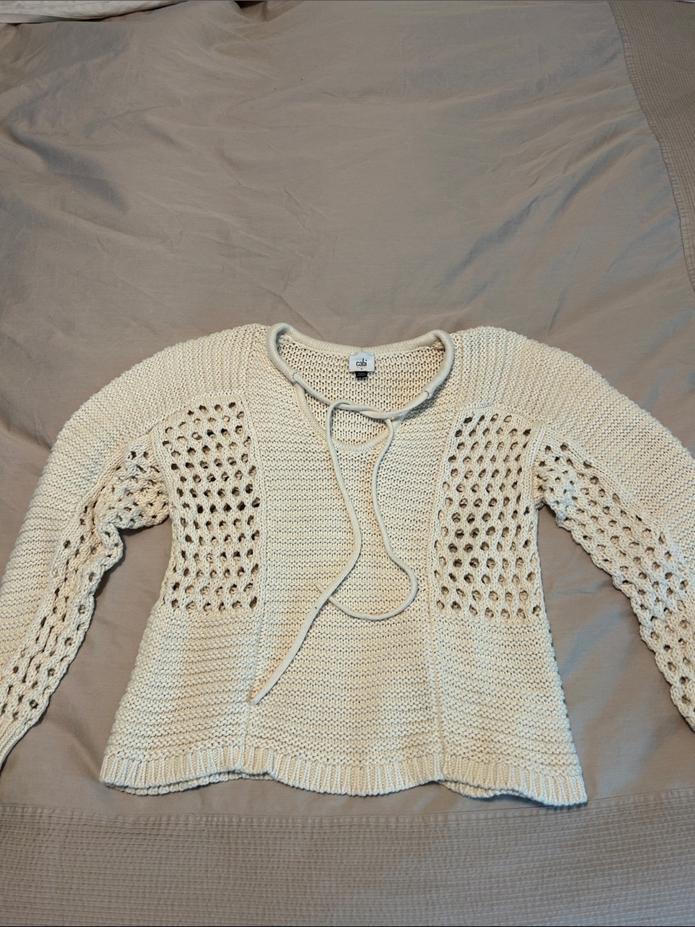 CAbi Cream Open-Knit Tie-Neck Sweater
